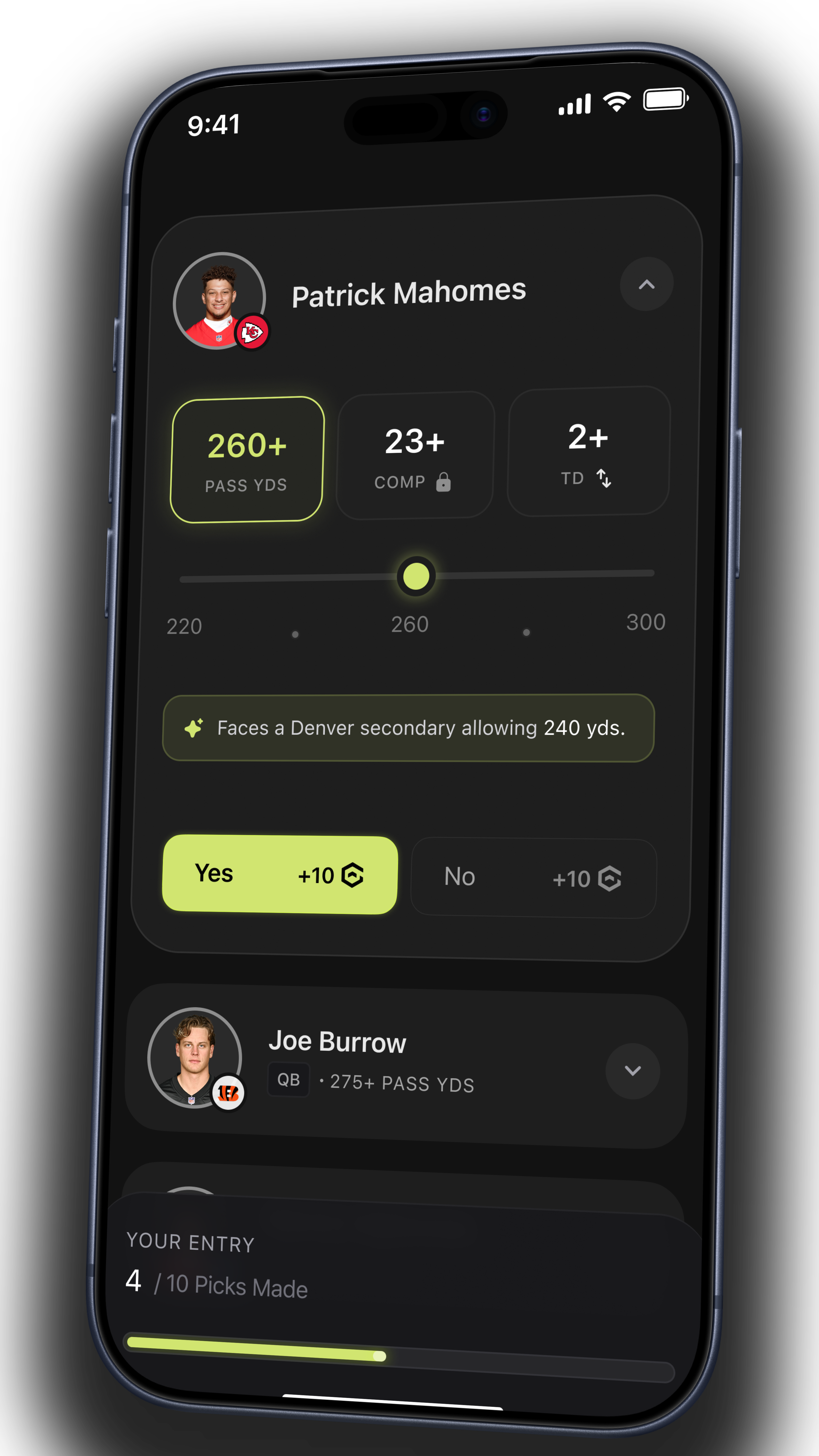 GAGE app — predict player stats like Patrick Mahomes passing yards