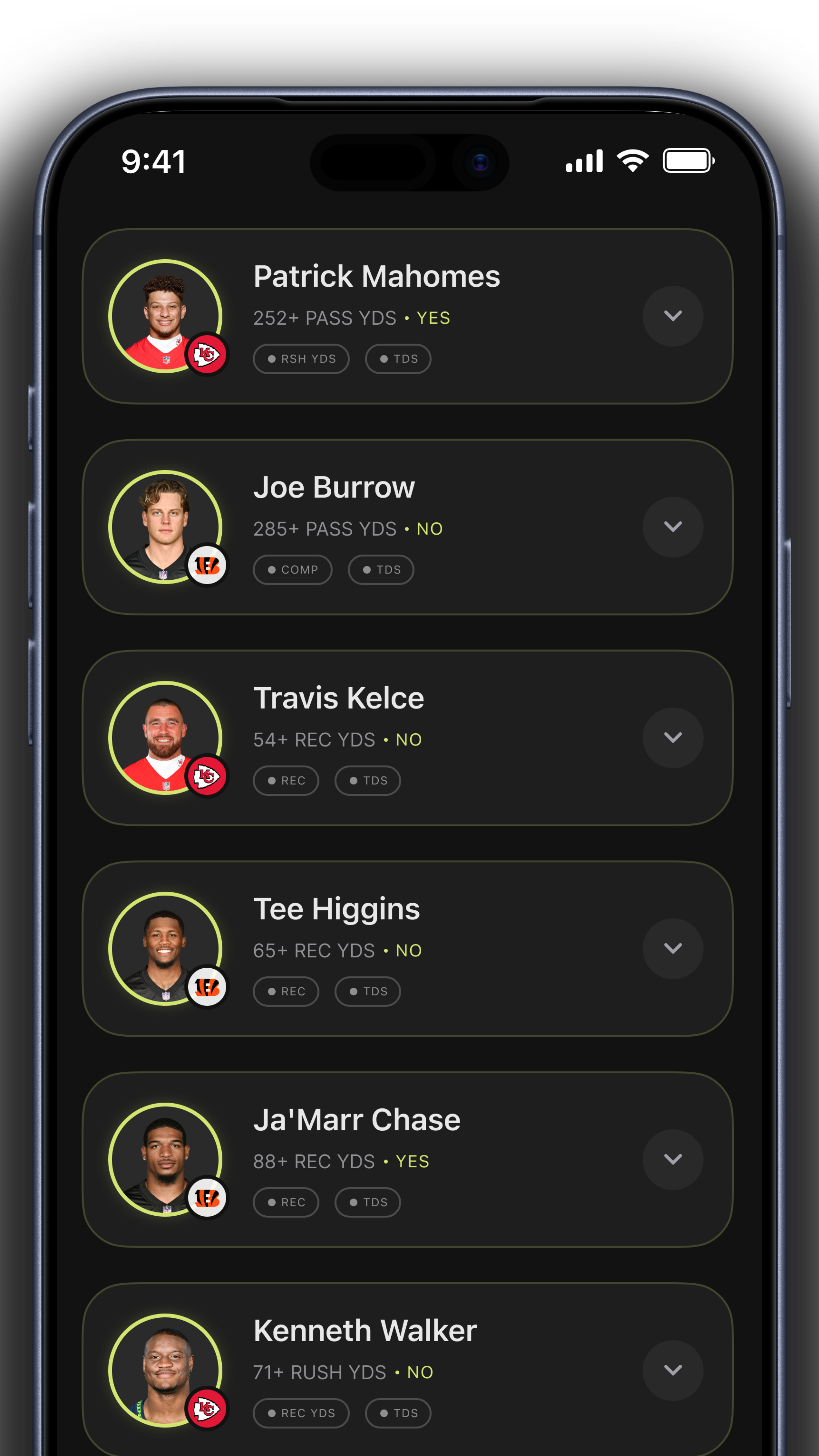 GAGE picks — Mahomes, Burrow, Kelce, Higgins, Chase with YES/NO predictions