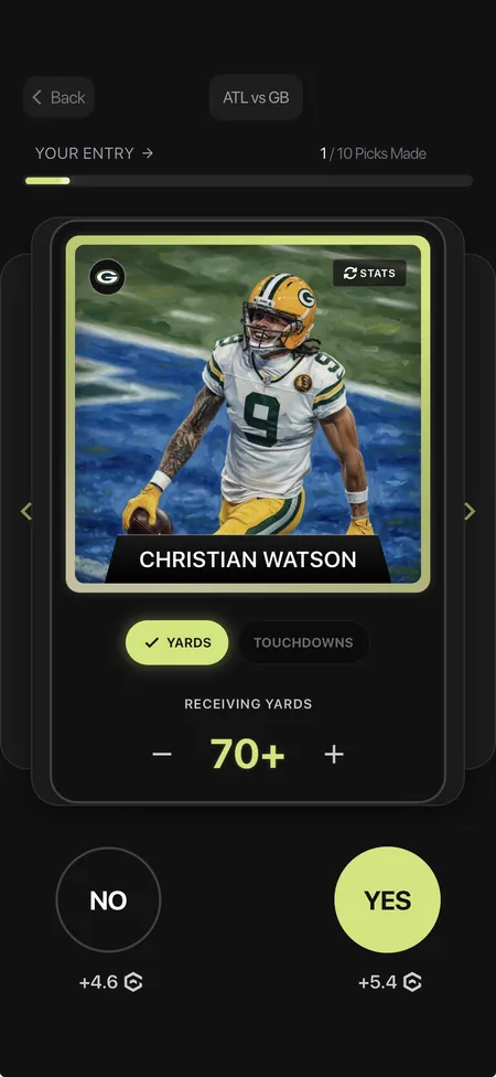 A GAGE pick card: Christian Watson, 70+ receiving yards, with YES chosen. YES is worth 5.4 points and NO is worth 4.6.