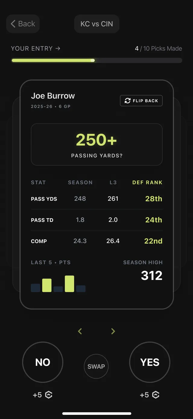 The same player card flipped to its stats — season and last-three averages with a defense rank for each line