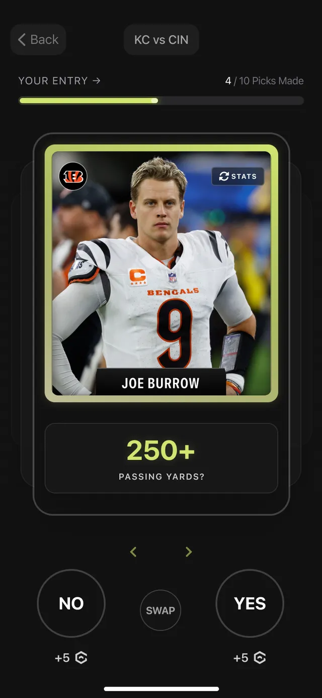 GAGE quick play card — a player prediction question with Yes and No calls, each showing the points it pays