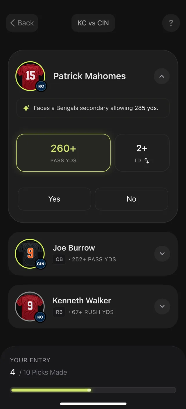 GAGE pick selection screen — player calls with the market's number on each one